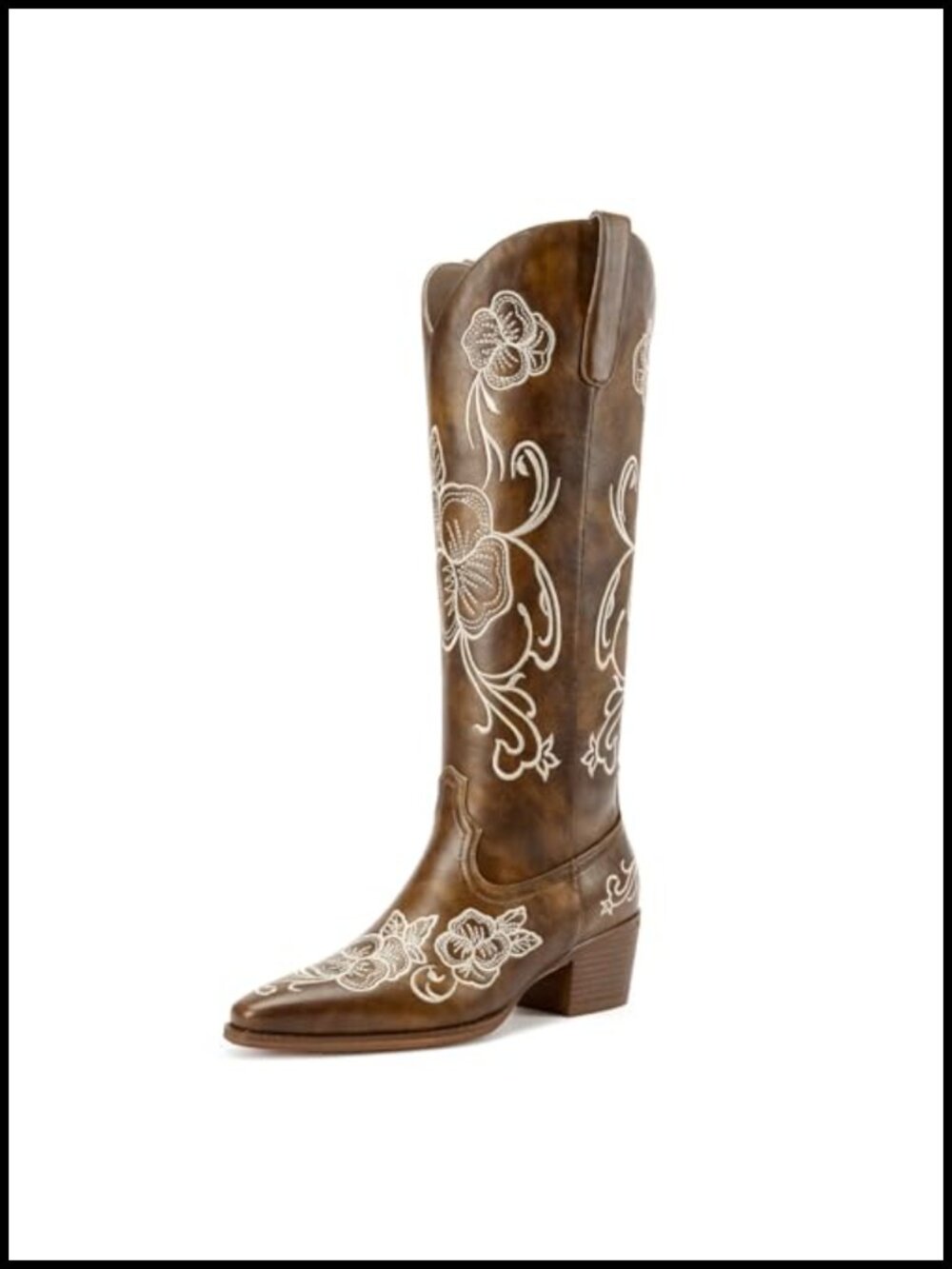Womens Block Low Heel Knee High Square Toe Floral Embroidery Western Boots Faux